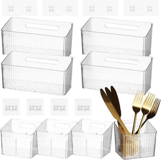 8 PCS Clear Cabinet Door Organizer Bins with Adhesive Hooks, Wall Mount Hanging Storage Baskets with Drain Holes, Plastic Under Sink Drawer Organizers for Bathroom, Kitchen, Pantry, Fridge