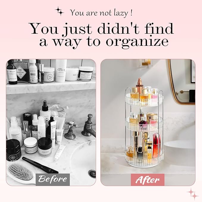 ALUYUYO 360° Rotating Makeup Organizer for Vanity, Spinning Cosmetics Organizer Holder Rack, Large Capacity Bathroom Organizer Countertop, Fits Perfume, SkinCare, Makeup Brushes 3 Tiers, Transparent