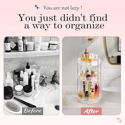 ALUYUYO 360° Rotating Makeup Organizer for Vanity, Spinning Cosmetics Organizer Holder Rack, Large Capacity Bathroom Organizer Countertop, Fits Perfume, SkinCare, Makeup Brushes 3 Tiers, Transparent