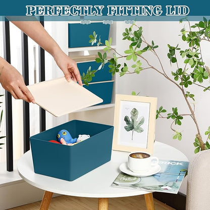 Menkxi 4 Pcs Storage Bins with Lids Plastic Stackable Containers for Organizing Shelves Christmas Ornament Box Baskets(Blue,Large)