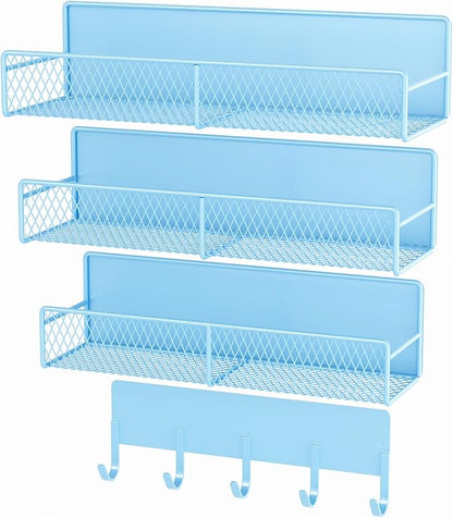 4 Pack Magnetic Shelves for Washing Machine, Heavy-Duty Magnetic Laundry Organizer with Hooks, Washing Machine Shelf for Refrigerator, Metal Storage Baskets, Closet & Laundry Room Organization (Blue)