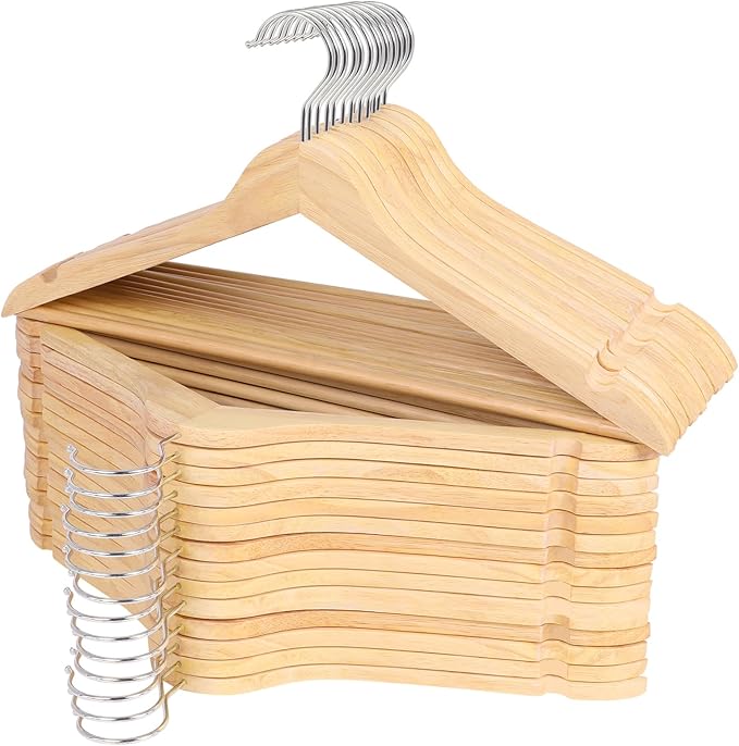 ROSOS Solid Wood Hangers - 30 Pack with 360 Swivel Chrome Hook, Smooth Finish & Precisely Cut Notches, Slim Wooden Coat Hangers for Closet, Natural