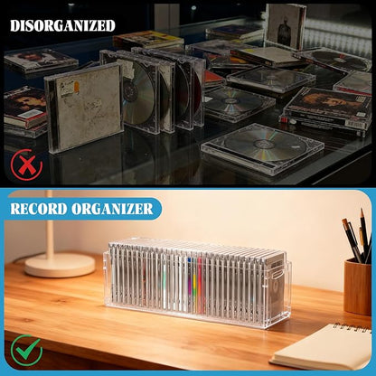 2 Pack DVD/CD Storage Box Acrylic Clear DVD Holder Case with Handles Stackable Storage Container Shelf Organizer Bin for CDs Video Games Cases Blu-Rays Books Booklets Countertop Cabinet Home Office