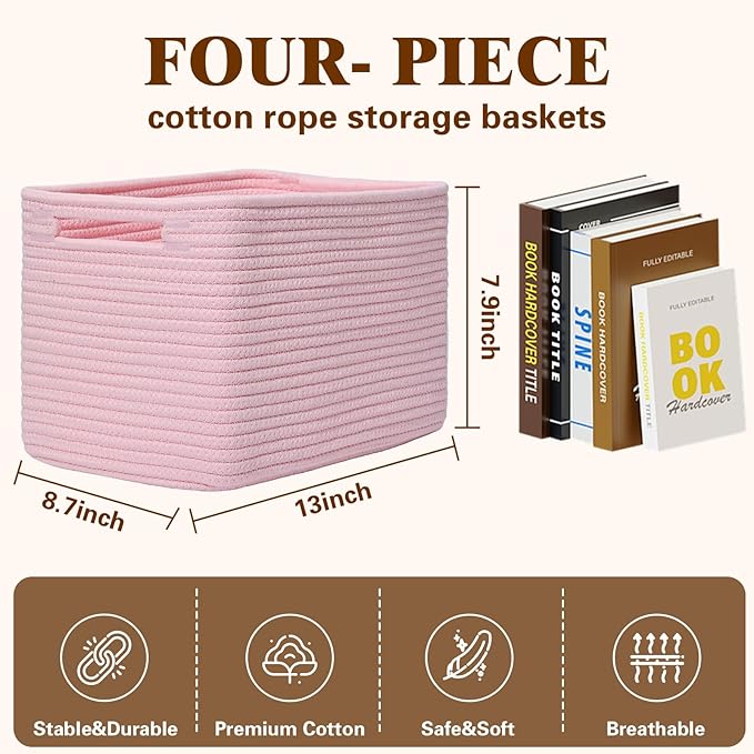 Storage Baskets for Organizing, 4 Pack Storage Baskets for Shelves, Woven Basket for Shelves, Closet Organization, Rectangle Organizer Basket Gifts Empty, 13"Lx8.7"Wx7.9"H Decorative Bins with Handles