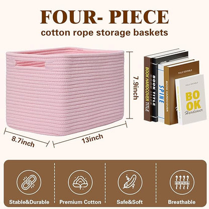 Storage Baskets for Organizing, 4 Pack Storage Baskets for Shelves, Woven Basket for Shelves, Closet Organization, Rectangle Organizer Basket Gifts Empty, 13"Lx8.7"Wx7.9"H Decorative Bins with Handles