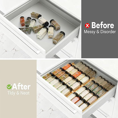 Thalomely Bamboo Spice Drawer Organizer, (Need 3.1” Deep Drawer) Expandable 4 Tier Spice Rack for Cabinet (From 12" to 23" Wide), Seasoning Storage Insert, Spice Organizer for Drawer,Jars Not Included
