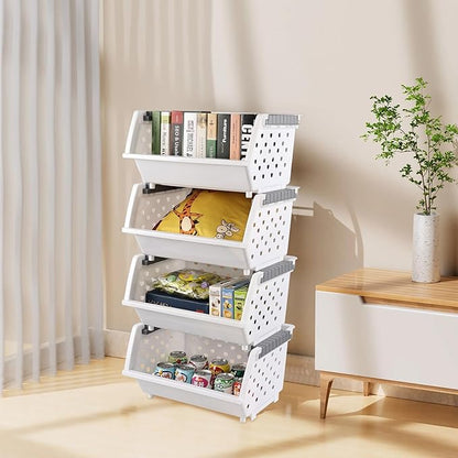 4-Pack Plastic Stackable Storage Baskets, Open Front Kitchen Organizer Basket Bin, White, F