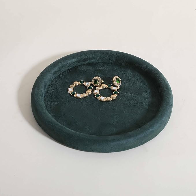GemeShou Round Jewelry Organizer Plate, Top Microfiber Velvet Jewelry Display Tray, Empty Jewelry Showcase Tray for Necklaces, Bracelets, Rings, Earrings (Green-Medium, 7.9 x 7.9 in)