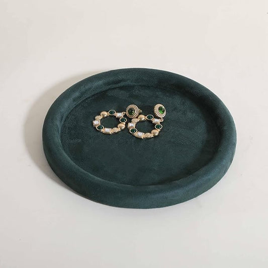 GemeShou Round Jewelry Organizer Plate, Top Microfiber Velvet Jewelry Display Tray, Empty Jewelry Showcase Tray for Necklaces, Bracelets, Rings, Earrings (Green-Medium, 7.9 x 7.9 in)