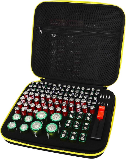 Battery Organizer Case- Hard Storage Box Bag Holder - Holds 106+ Batteries AA AAA C D 9V Tester BT-168 (Batteries are Not Included)