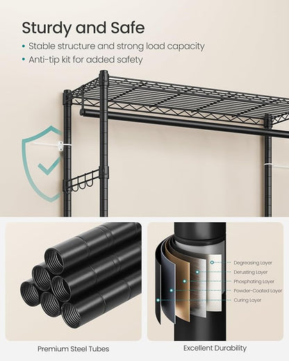 SONGMICS Heavy-Duty Rolling Clothes Rack, Garment Rack, Portable Closet, 43.3-Inch Wide Clothing Rack on Wheels, with Adjustable Mesh Shelves and Hanging Rails, Hooks, Ink Black ULGR414B01
