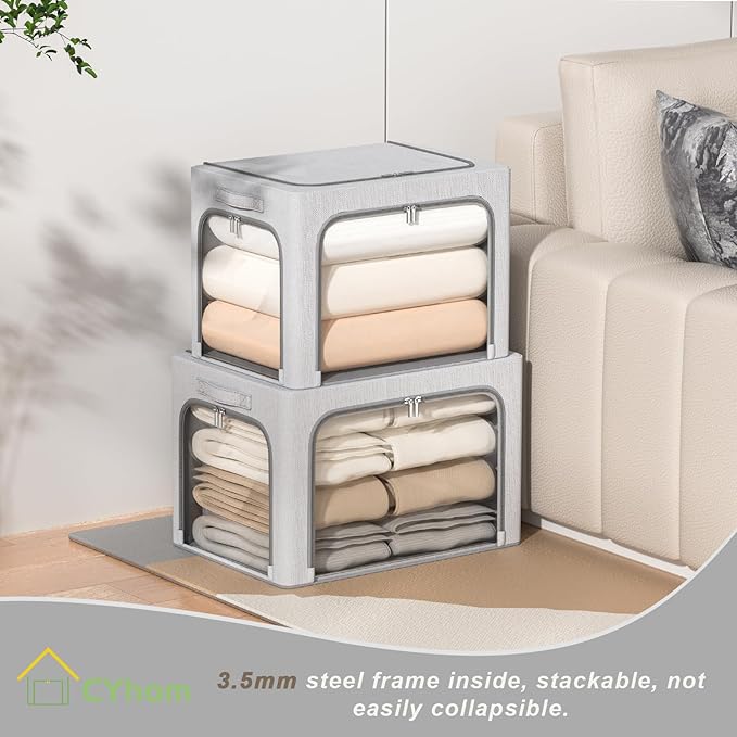 CYhom 3Pack Classic Stackable Foldable Storage Bin - Metal Frame Storage Box with Clear Window, Carry Handles (66L-19.7x15.7x13in, Light Grey)