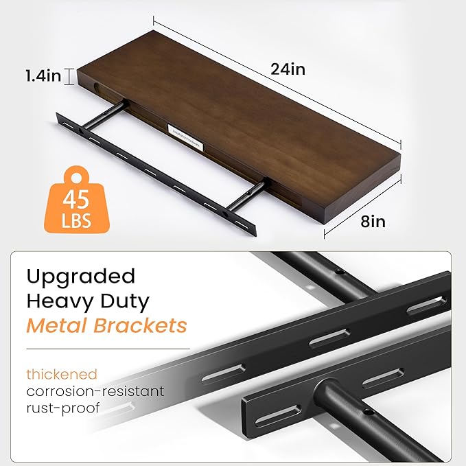 Fun Memories Farmhouse Floating Shelves - 8 Inch Deep Rustic Wood Wall Shelf - Premium Solid Wood Storage Shelf for Kitchen Living Room Bedroom - 24" W x 8" D - Set of 2 - American Walnut Color