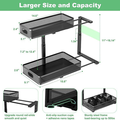 Under Sink Organizer, High Adjustable 2 Tier Under Sink Organizers and Storage, Slide Out Metal Cabinet Organizers, Pull Out Sink Storage Drawer Shelf for Kitchen Bathroom Cabinet, Black, 2 Pack
