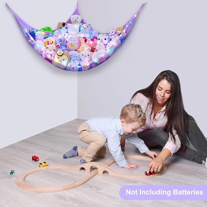 Unicorn Castle Stuffed Animals Net or Hammock Kids Toy Storage Organizer with LED Light Hanging Corner Stuffed Animals Holder Kids Girls Room Decor,Purple,Large (Pack of 1)