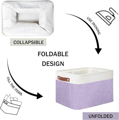 DULLEMELO Storage Baskets for Organizing, Shelves,Bedroom, Decorative Storage Bins with Leather Handles, Fabric Storage Basket for Office, Toys(3-Pack, White&Purple)