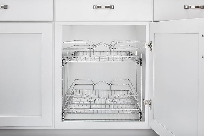 Rev-A-Shelf 2 Tier Pull Out Under Sink Organizer, 21 x 22 Inch, Steel Wire Pots and Pans Organizer, Tape Measure Included