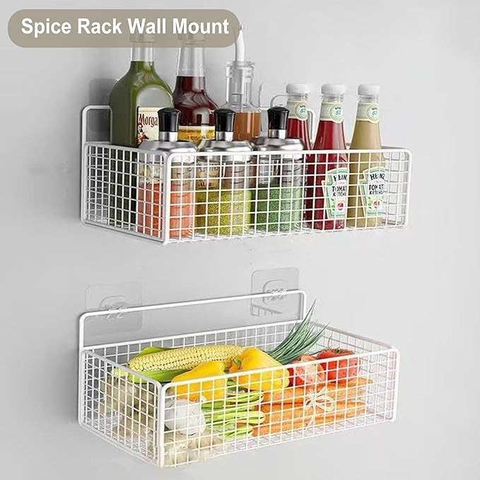 2 Pack Hanging Wall Wire Baskets,Metal Wire Storage Bin Rack for Kitchen Bathroom Shower Spice Shelf (White)
