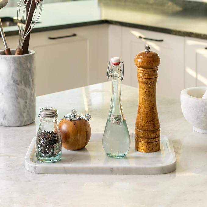 Koville Marble Tray, 12"x8" Marble Vanity Tray for Countertop Bathroom Kitchen Dresser, Decorative Catchall Trays for Perfume Jewelry, Rectangular Stone Serving Tray(Bianco Carrara)