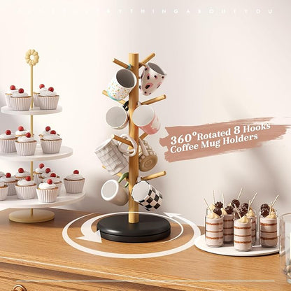 Mug Holder Tree 360° Rotated Mug Tree Coffee Cup Holder Bamboo Rack Stand 8 Hooks for Countertop Cup Rack Kitchen Coffee Bar Organizer Decorative Mug Racks (Natural+Black)