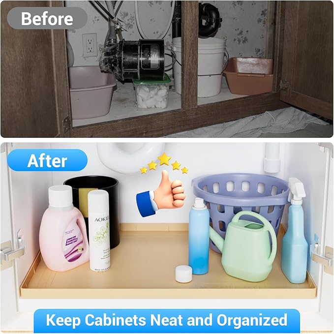 Aisslro Under Sink Mat 25" X 19", Waterproof Silicone Under Sink Mats for Kitchen, Anti-Leak Shelf Liner & Cabinet Protector with Raised Edge, [BPA Free] Bathroom Tray Home Organizer, Brown