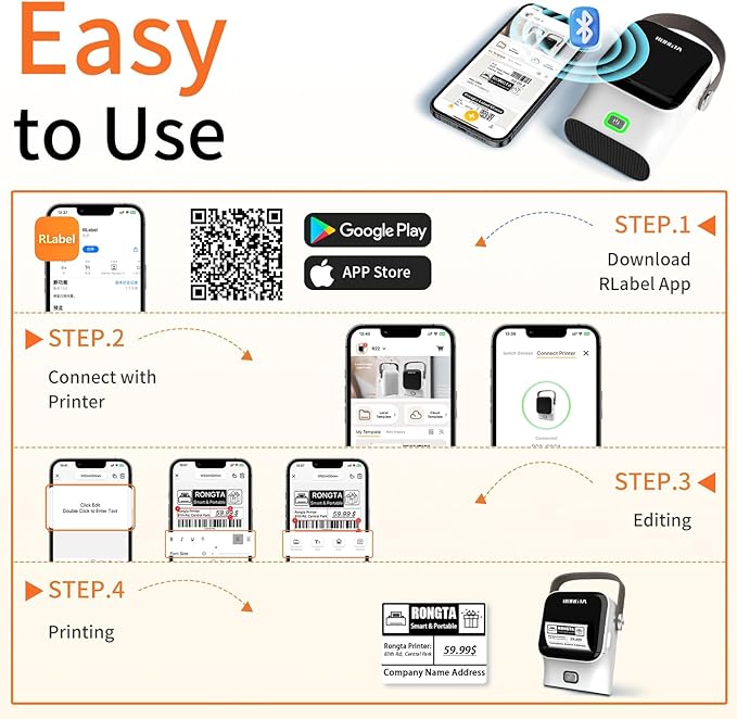 Rongta Bluetooth Label Maker Machine with Tape,Portable Wireless Labeler Machine,Handheld Sticker Maker for Barcode Labels,Home School Supplies,USB Rechargeable,Compatible with iOS/Android, White