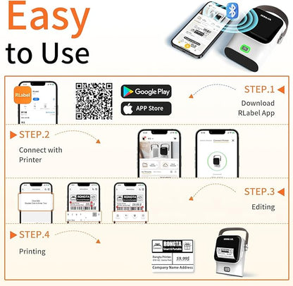 Rongta Bluetooth Label Maker Machine with Tape,Portable Wireless Labeler Machine,Handheld Sticker Maker for Barcode Labels,Home School Supplies,USB Rechargeable,Compatible with iOS/Android, White