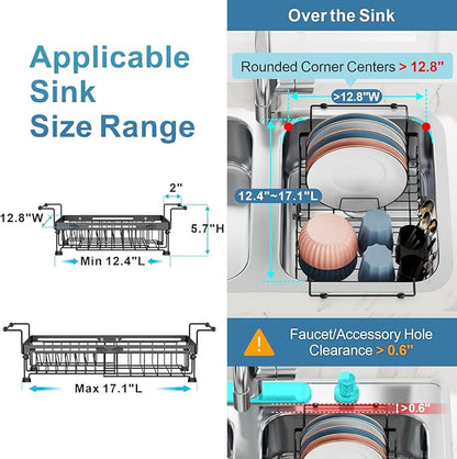 iSPECLE in Sink Dish Drying Rack with Silicone Sink Protector - Expandable Capacity Dish Drainer with Utensil Holder, 12.4"-17.1" L x 12.8" W, Black