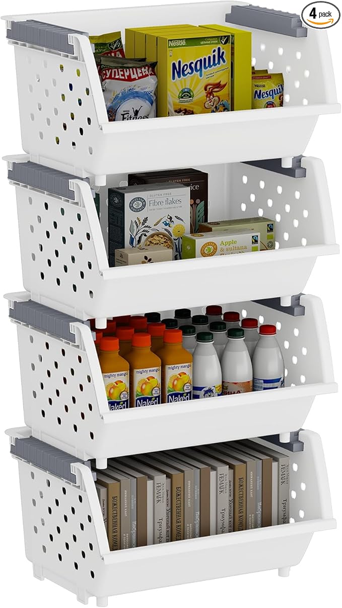 4-Pack Plastic Kitchen Stackable Storage Basket, Stacking Organizer Basket, White
