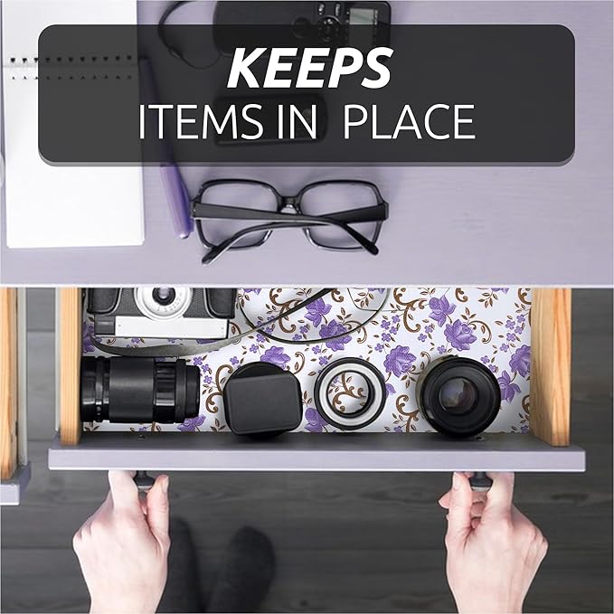 18X96 Inch Shelf Liner for Kitchen Cabinets, PVC Drawer Liner for Dresser Non-Slip Bathroom, Non-Adhesive Cabinet Liner Washable (Purple Floral)(2 Roll)