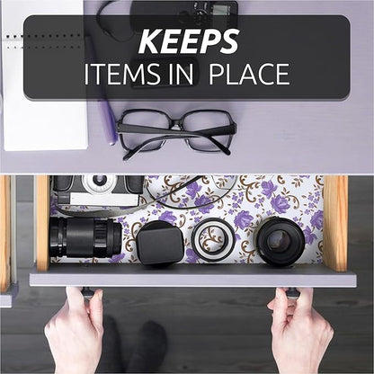 18X96 Inch Shelf Liner for Kitchen Cabinets, PVC Drawer Liner for Dresser Non-Slip Bathroom, Non-Adhesive Cabinet Liner Washable (Purple Floral)(2 Roll)