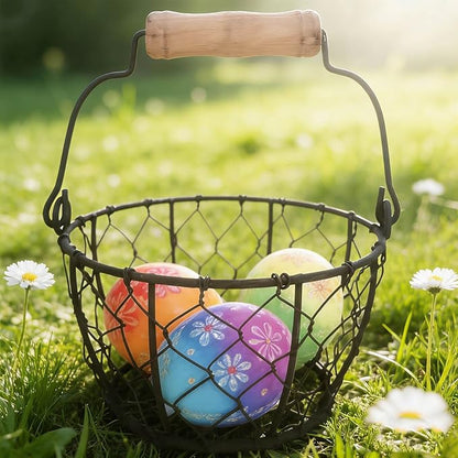 TAIANLE.Small Wire Egg Collecting Basket with Handle,Mini Metal Easter Quail Hunt Egg Basket for Gathering Fresh Egg,Round Farmhouse Vintage Countertop Holder,2 PCS