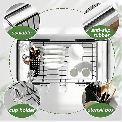 KUK Dish Drying Rack in Sink, Expandable Stainless Steel Over The Sink Dish Rack with Cutlery Holder & Cup Holders, Large Kitchen Racks for Dishes Vegetables Fruits (Black)