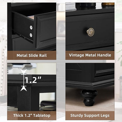 Joaxswe 24" Wide Farmhouse Night Stand Set of 2,Large End Table with 2 Drawers & Metal Handle,Black Wood Dresser for Bedroom, Bed Side Table Chest of Drawers Cabinet, Nightstand for Living Room,Closet