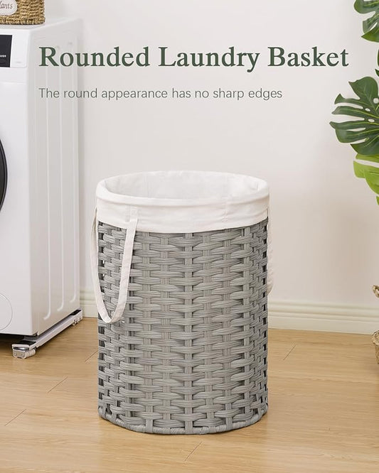 Laundry Hamper Laundry Basket Round 19.0 Gal (72 L) Handwoven Rattan Hamper, Large Wicker Laundry Hamper with Removable Laundry Bag Handles 2 Mesh Bags for Bathroom Living Room Gray (No Lid)