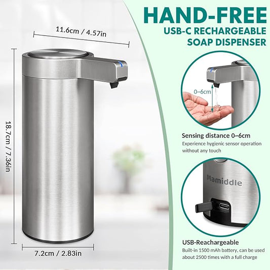 Mamiddle 9 oz. Automatic Soap Dispenser Stainless Steel with Sensor Infrared Soap Dispenser Electric IPX5 Waterproof USB-C Charging Motion Sensor for Kitchen & Bathroom (Brushed Silver)