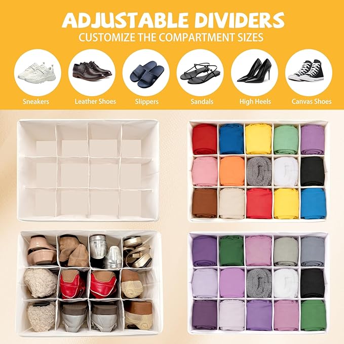 4 Pack Shoe Organizer for Closet - with Transparent Cover and Sturdy Handles shoe storage - Foldable Shoe Storage Containers Fits to 36-48 Pairs 4 Pack (Beige)