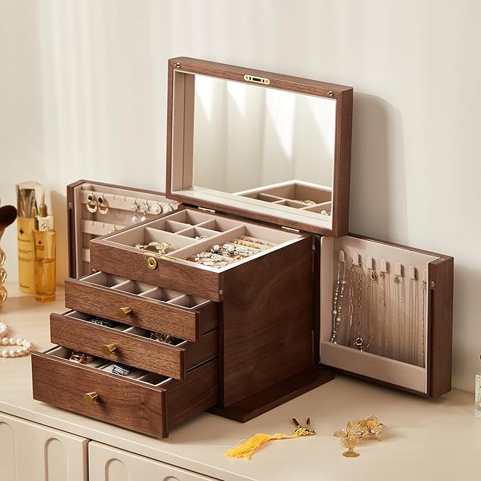 Homruilink Black Walnut Wooden Jewelry Box, Wood Jewelry Organizer with 2 Side Doors Mirror Lockable Classical Style for Watch Necklace Ring Earring Storage Christmas Gifts-4 Layer