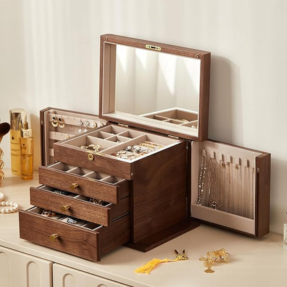 Homruilink Black Walnut Wooden Jewelry Box, Wood Jewelry Organizer with 2 Side Doors Mirror Lockable Classical Style for Watch Necklace Ring Earring Storage Christmas Gifts-4 Layer