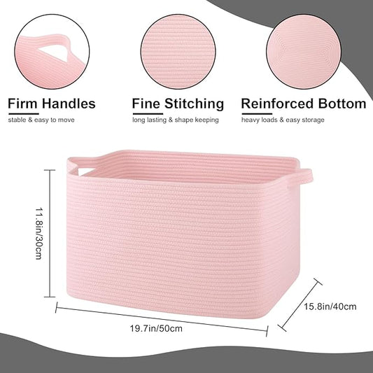 Large Blanket Basket, Blanket Storage Living Room, Rectangle Woven Baskets for Storage Toys, Towels, Dirty Clothes Organizer Bins (Pink)