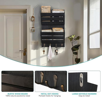 Mail Organizer Wall Mount with 4 Key Hooks, Rustic Wooden Hanging Mail Sorter Farmhouse Key Holder for Wall Decoration, 2-Slot Wall File and Magazines Bill Letter Holder