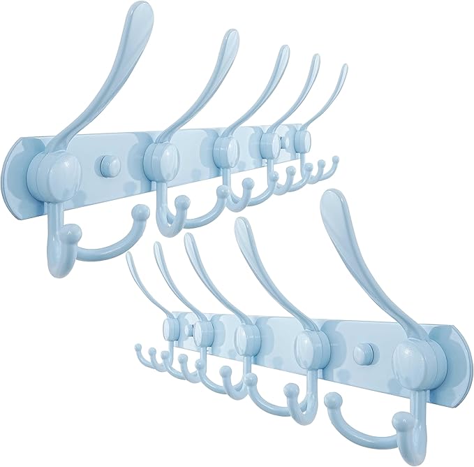 Dseap Coat Rack Wall Mounted - 5 Tri Hooks, Heavy Duty, Stainless Steel, Metal Coat Hook Rail for Coat Hat Towel Purse Robes Mudroom Bathroom Entryway (Blue, Pack of 2)