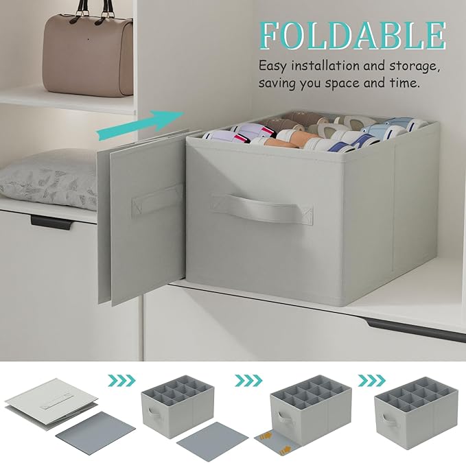 2 Pack Shoe Organizer for Closet, Fits Up to 24 Pairs, Foldable Space-saving Storage Container Bins with Reinforced Handles, 16.5 x 12.6 x 10.2 In, Grey, XSNX02G-2