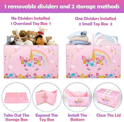 Large Toy Box, Collapsible Sturdy Kids Storage Organizer for Boys Girls, 25"x13"x16" Storage Box with Lids, Toy Chest Bins Basket for Living Room, Playroom, Nursery, Pink