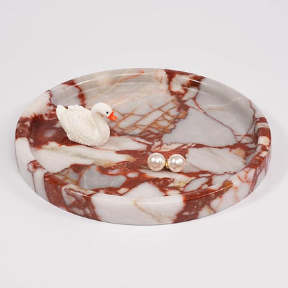 LWALMS Marble Perfume Jewelry Tray - Stone Trinket Ring Key Purse Holder Dish, Round Plate Decorative Bowl for Nightstand Entryway Coffee Table Decor (7.9 inch)