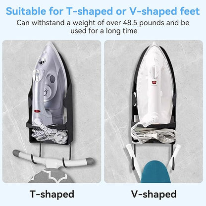 Ironing Board Hanger Wall Mount, Electric Iron and Iron Board Holder Storage with Removable Hooks for Household Bathroom, Laundry Room(Black)