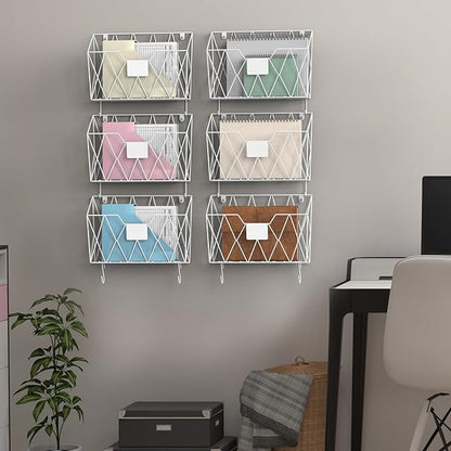 CADUKE 6 Pack Hanging Wall File Organizer Mesh Folder Holder Mail Magazine Organizer Wall Mounted with Hooks & Label Panels for Office Home, White