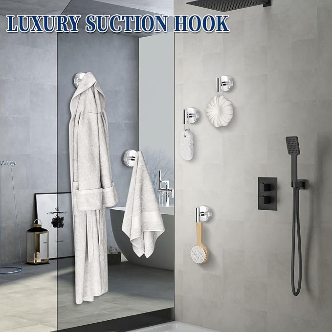 warlve Heavy Duty Reusable Suction Cup Hooks for Shower - No Drill Bathroom/Glass/Mirror/Tiles & Metal Surfaces,and Smooth Non-Porous Surfaces for Towels, Robes, Loofahs (4, Chrome Polished)