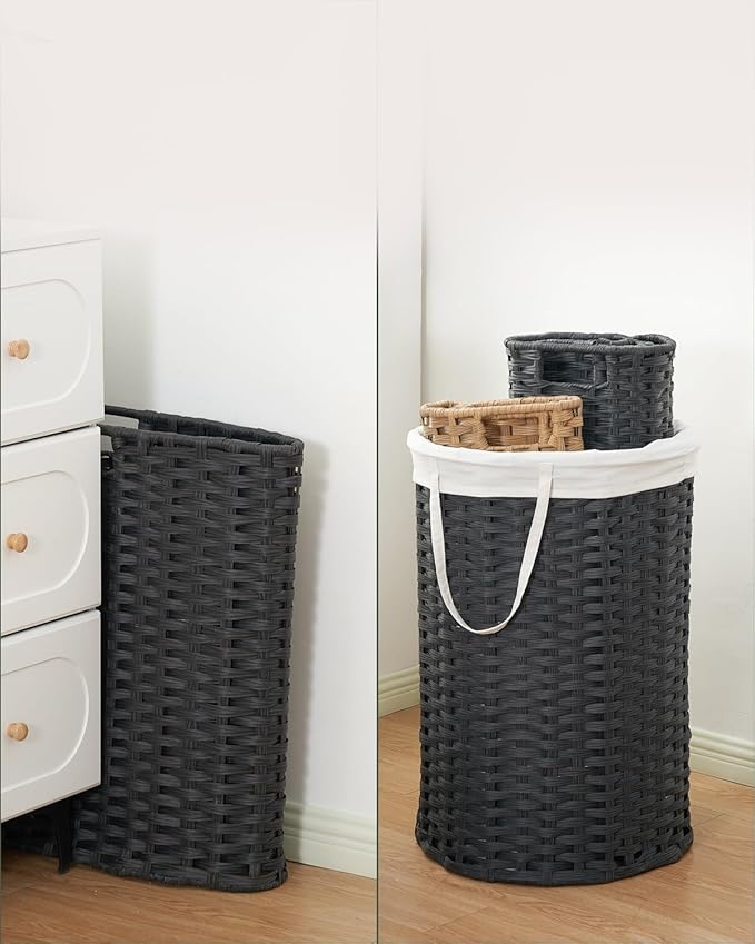 34.3 Gal (130 L) Large Laundry Hamper Laundry Basket Round Handwoven Wicker Laundry Baskets Rattan Laundry Basket with Removable Bag Handles 2 Mesh Bags for Living Room Bedroom Black (No Lid)