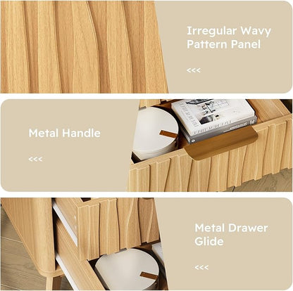 HOTAMO Nightstand Set of 2 with Charging Station,Night Stand with 2 Wave-Patterned Panel Drawer and Open Shelf,Modern Bedside Table for Bedroom,Living Room,Oak End Table